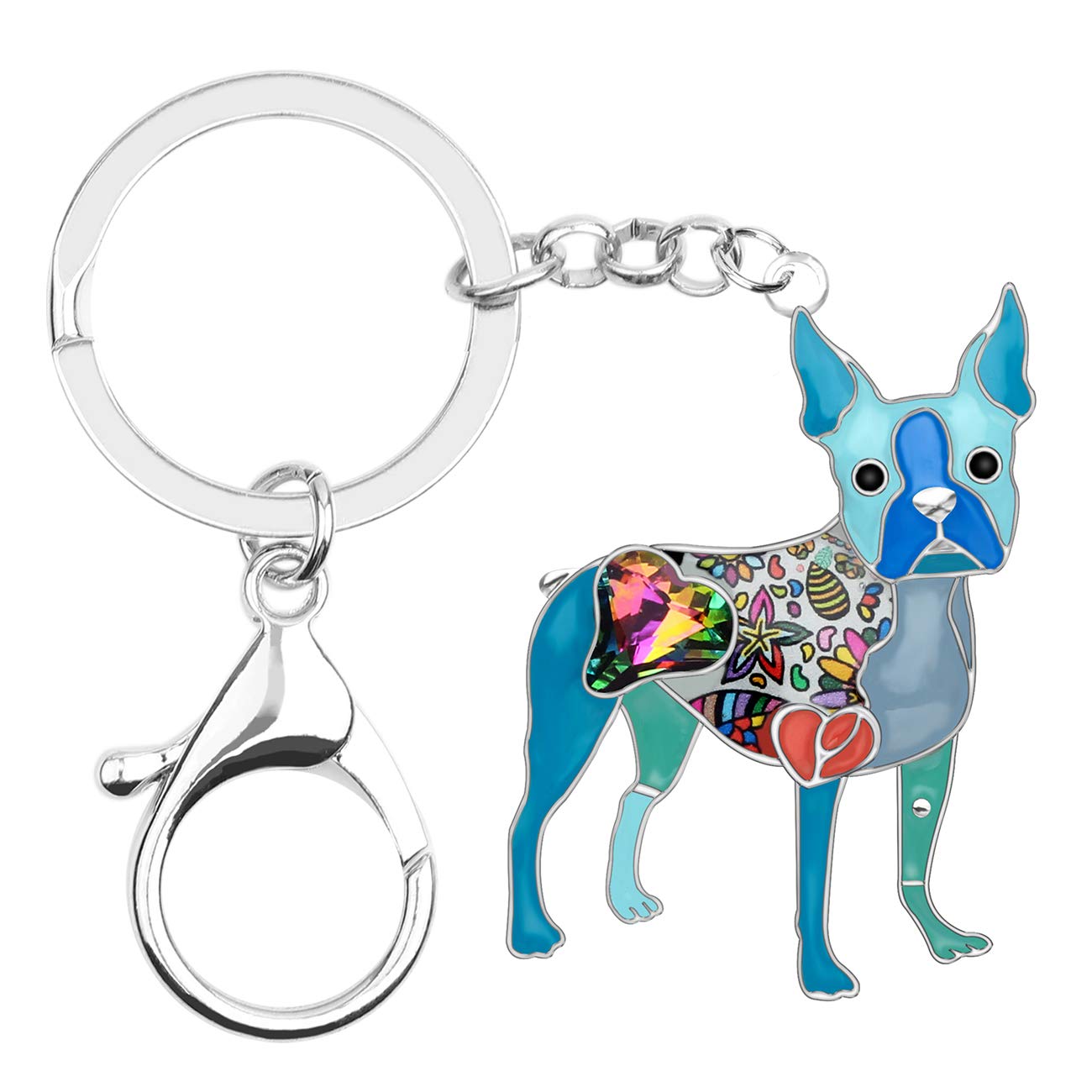 BONSNY Enamel Metal Heart Rhinestone Boston Terrier Dog Key Chains For Women Kids Car Purse bag Rings Charms Pets Gift (Blue)