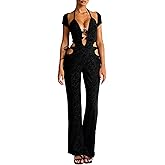 Molilove Women's Sexy Jumpsuits Short Sleeve Hollow Out Flare Pants Rompers Sexy One Piece Outfits Going Out