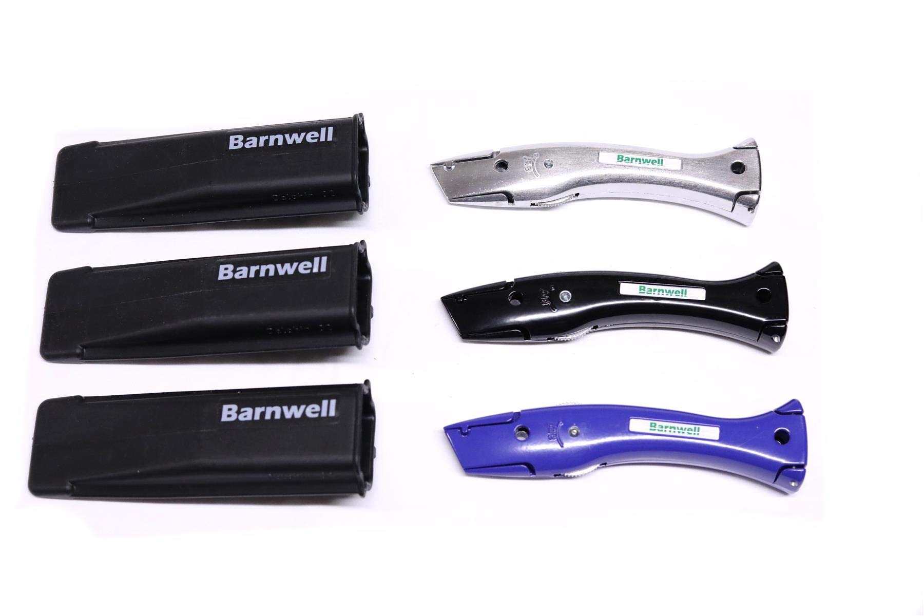 Barnwell Set of 3 Silver, Black, Blue Dolphin Delphin Carpet Fitters Work Trimming Fixed Knives Knife and Holster NO Blades