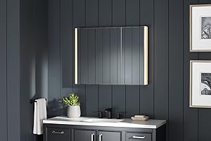 Kohler K-81146-SLE-DA1 Maxstow Medicine Cabinet with LED Light, Mirror Doors & Staggered Shelves, Rectangular Frame, 32" x 24"