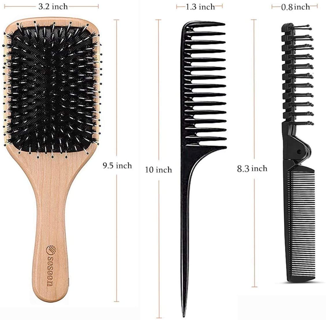 Hair Brush, Sosoon Boar Bristle Paddle Hairbrush for Long Short Thick Thin Curly Straight Wavy Dry Hair for Men Women Kids, No More Tangle, Giftbox & Tail Comb Included : Beauty