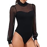 EKAMO Womens Bodysuit Mock Neck Sheer Mesh Long Sleeve Tops Ribbed Sexy Bodysuits Jumpsuit