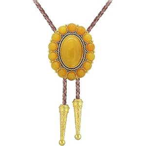 GelConnie Gold Bolo Tie Necklace for Women Adjustable Big Stone Brown Cord | Yellow Oval Stone Bolo Tie Brown Leather Cord So