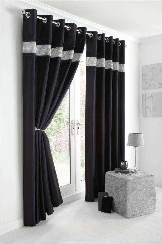 Kimberley Black Faux Silk Fully Lined Ready Made 90 x 90 Inch Drop Pair Curtainswith Strips of Dazzling Diamante, Black