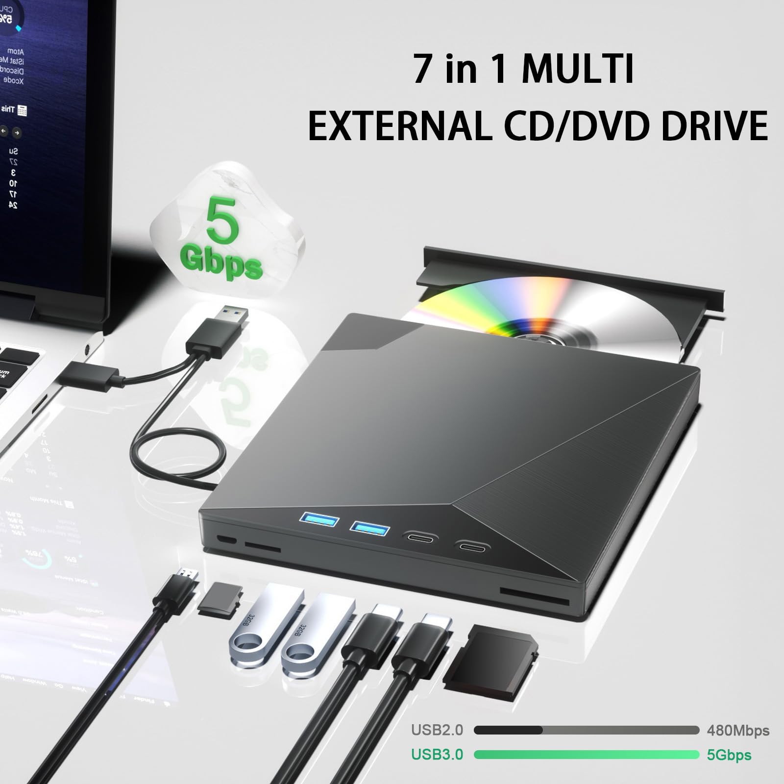 External CD/DVD Drive for Laptop, 7-in-1 CD Burner USB 3.0 and Type-C Portable DVD Burner CD ROM DVD Player Portable CD Reader Compatible with Latptop PC Windows XP/7/8/10, Linux Mac OS
