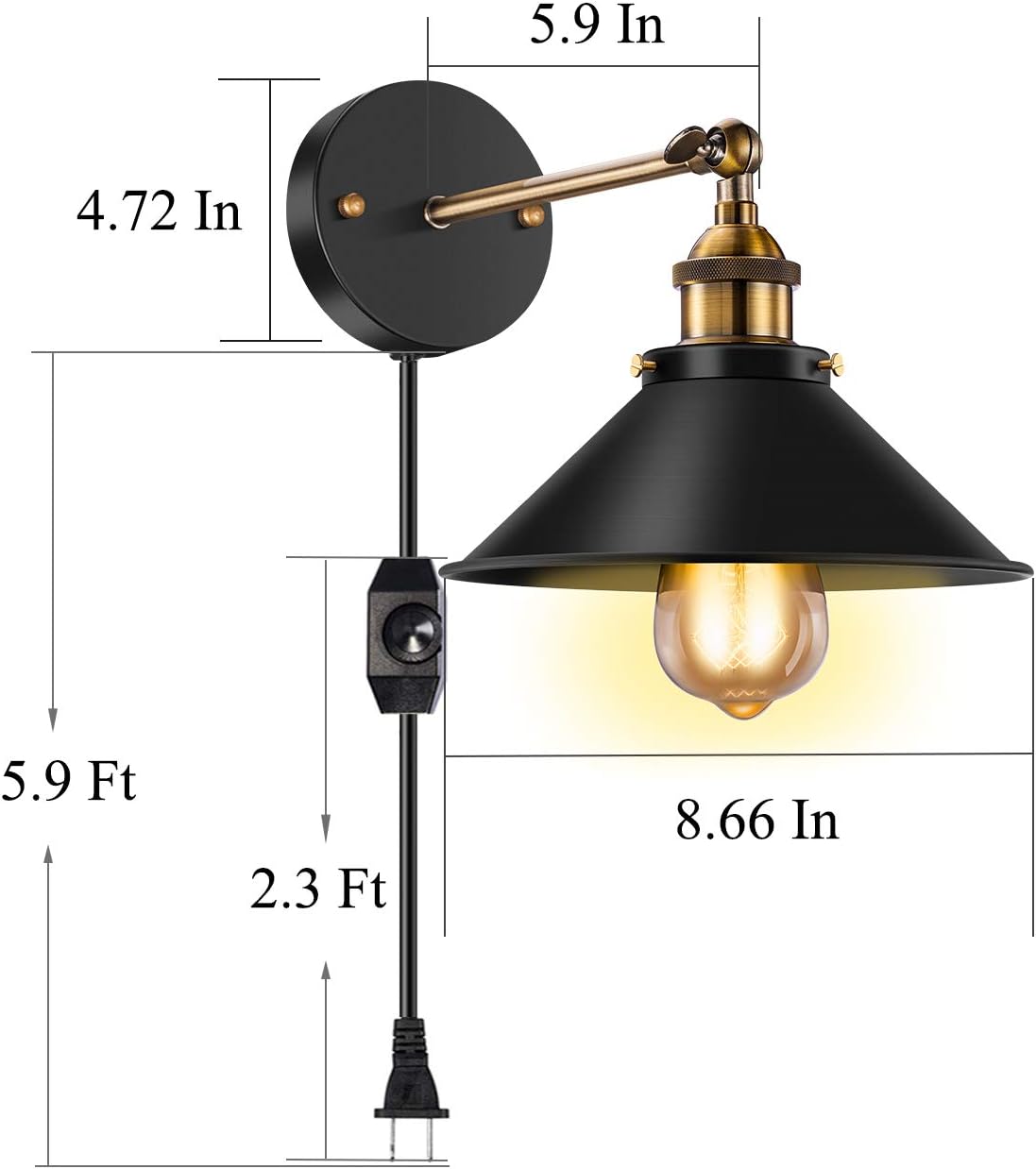 Licperron Dimmable Wall Sconce Plug in, Vintage Antique Style 240 Degree Adjustable Industrial Wall Light with UL Dimmable Switch for Restaurants Bathroom Dining Room Kitchen Bedroom 2 Pack - - 
