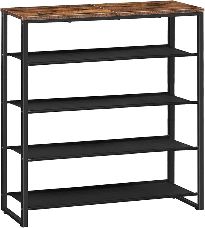 Suporte para sapatos, prateleira de 5 níveis, 4 compartimentos de tecido Oxford e placa superior, para 16-20 pares de sapatos, para entrada, aparador, castanho rústico EBF50XJ01
