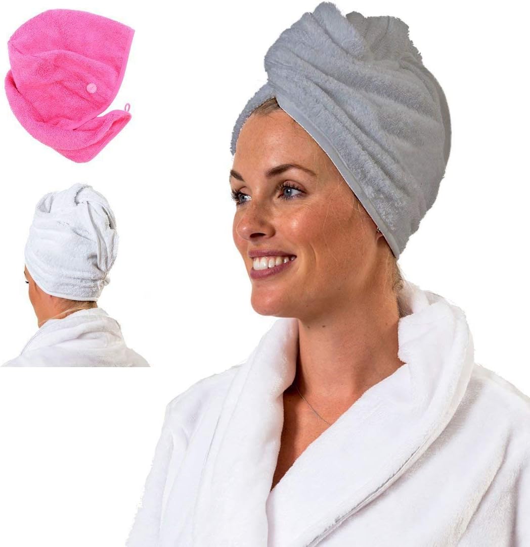 aztex Hair Turban Towel, Head Wrap Towel, Hair Drying Towel with Loop and Button Fastener, Absorbent and Lightweight Cotton, Multiple Colours, 64 x 23cm - Silver