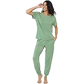 Joyaria Women's Bamboo Viscose Pajamas Short Sleeve Round Neck Top & Jogger Pajama Pants with Pocket S-XXL