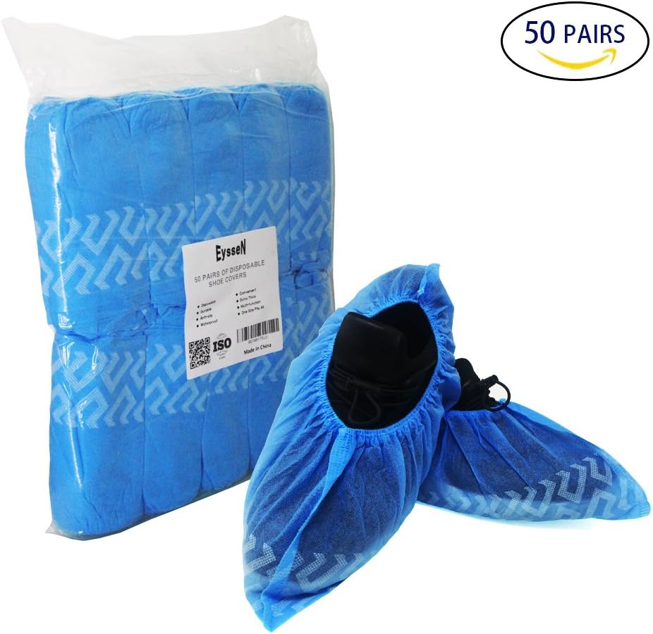 Disposable Shoe Covers and Boots , Suitable for Home/Hospital/Industry and Food Manufactory, One Size Fits All Up to Size 10, Blue (50 pairs)