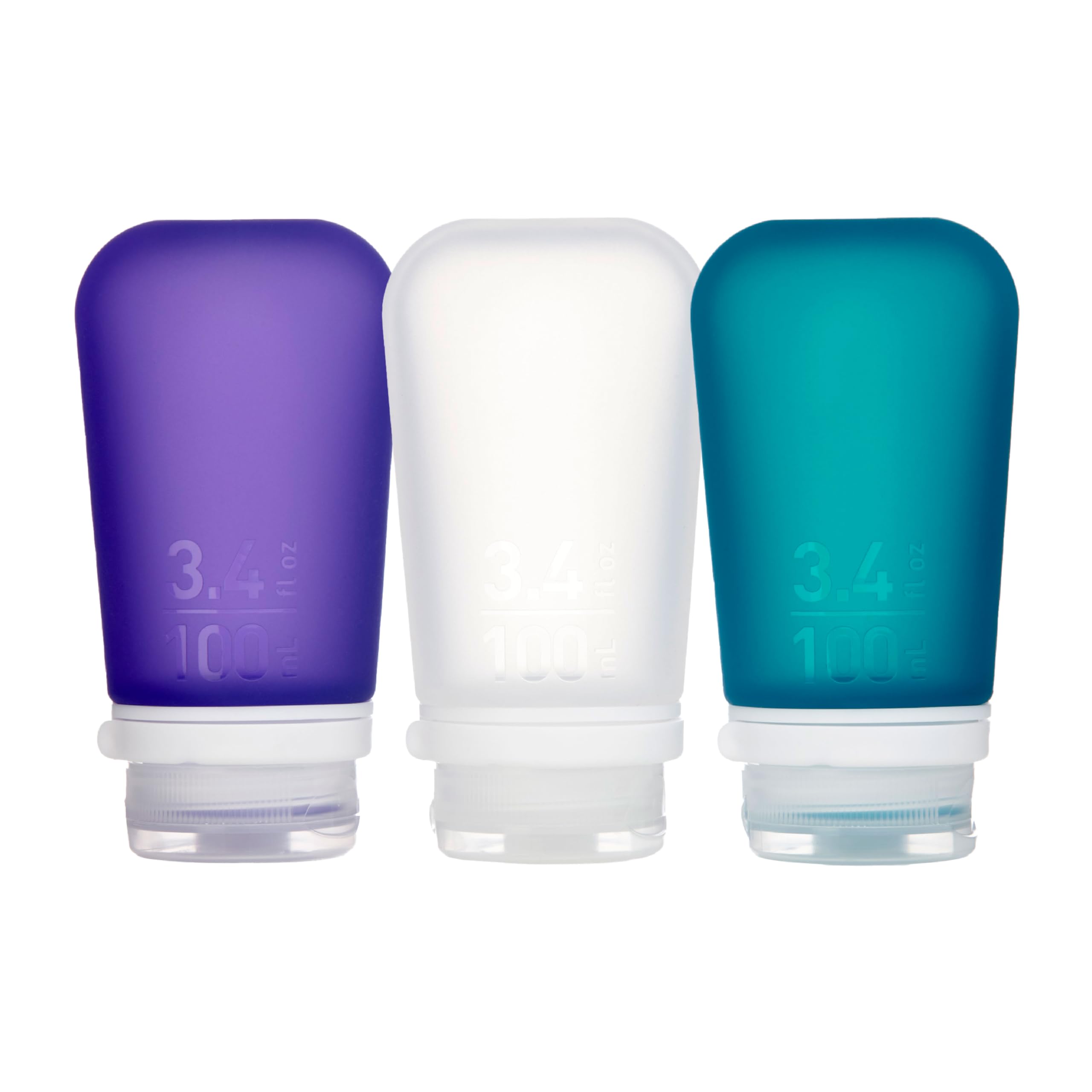 humangear GoToob+ 3-Pack - Large 100ml Travel Bottle with locking cap -Clear/Purple/Turquoise