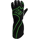 K1 RaceGear Driving Gloves, RS1, Single Layer, Cotton/Polyester, Black/Green, Large, Pair