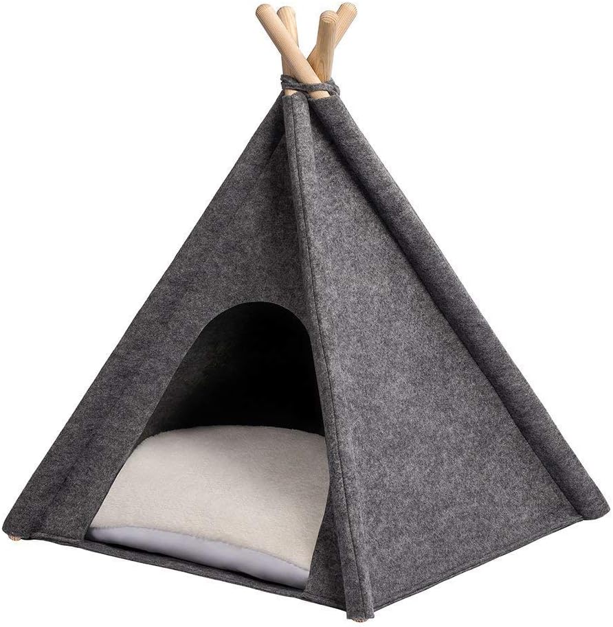 MYANIMALY TIPI 80 x 80 x 85 (height) cm tent for pets, tent for cats and dogs, pet bed, house, double sided cushion / mattress, contemporary appearance, pine wood frame, Grey / Ecru