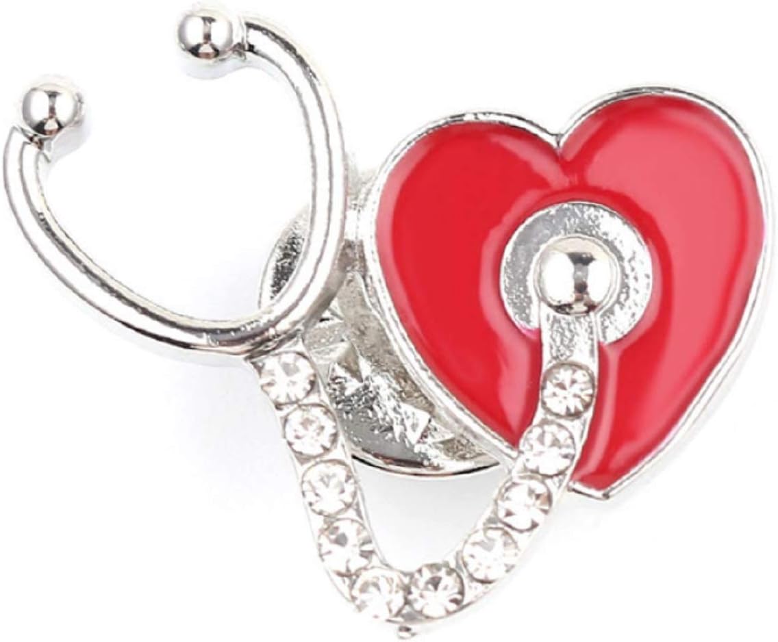FTH Red Enamel Heart & Silver Plated Stethoscope Brooch Pin is Embellished with Crystal Rhinestones.Perfect for EMS,RN,LPN,& MD.Nice for Your ID Badge or Lapel