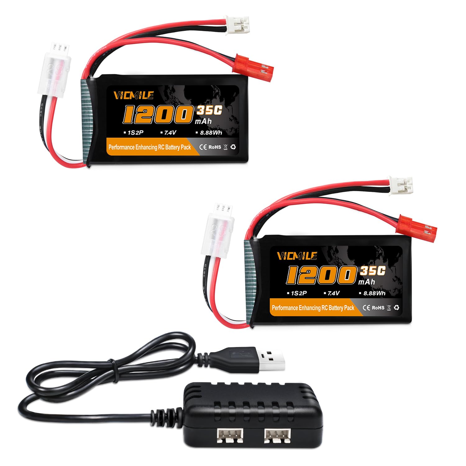 VICMILE SCX24 Battery 7.4V 1200mAh Lipo Battery 2S 35C(Burst 70C) with PH2.0 JST Plug with 1TO2 USB Charger Fit for SCX24 RC Car WLtoys A949 A959 A969 A979 K929 and Most 1/10 1/16 1/18 1/24 RC Truck