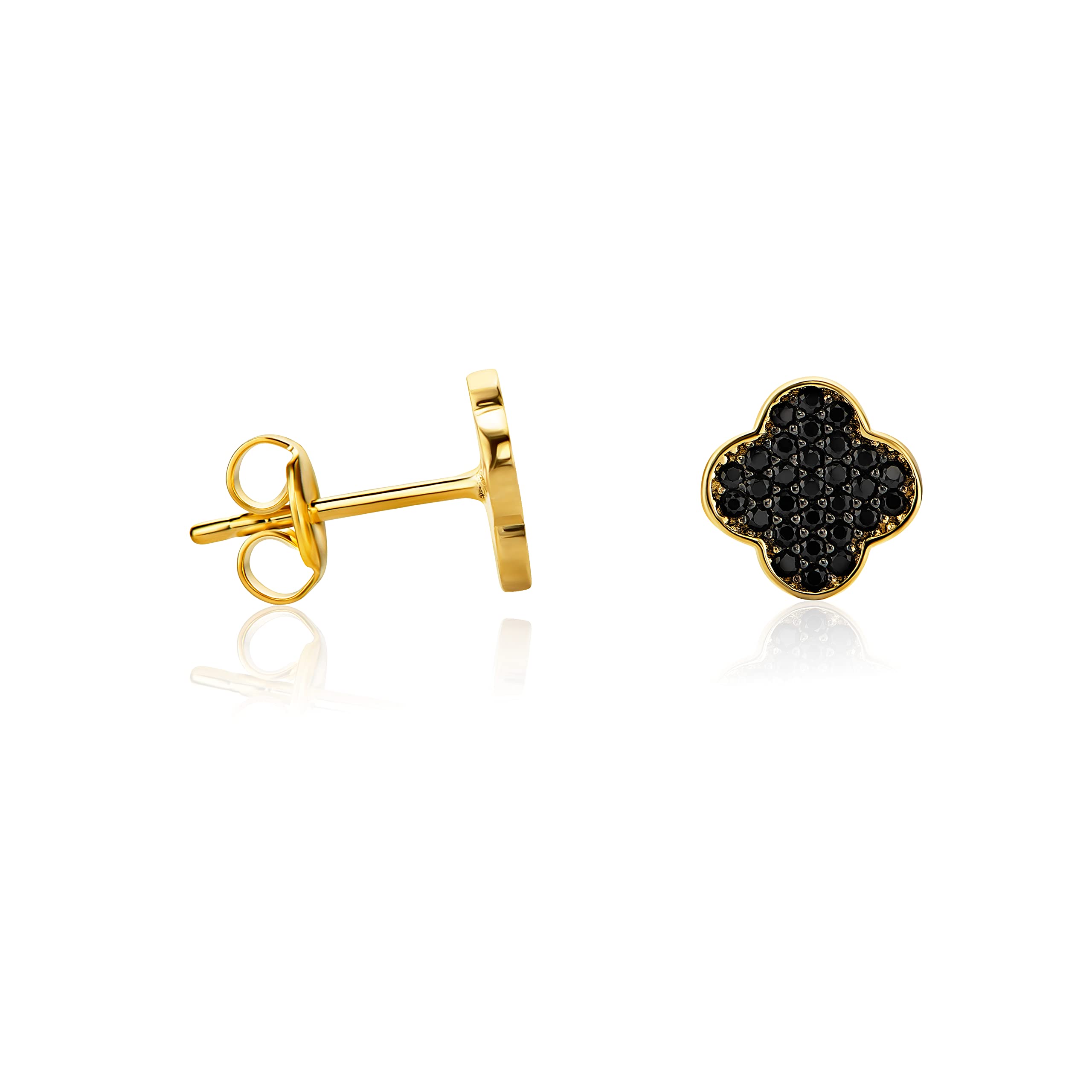 14ct Small Clover Stud Earrings in 585 Yellow Gold with Black Cubic Zirconia