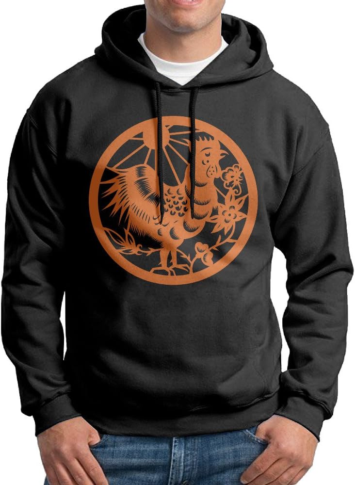 FALKING Men's Funny Cotton Chinese Zodiac, Hen Hooded Sweatshirt Black