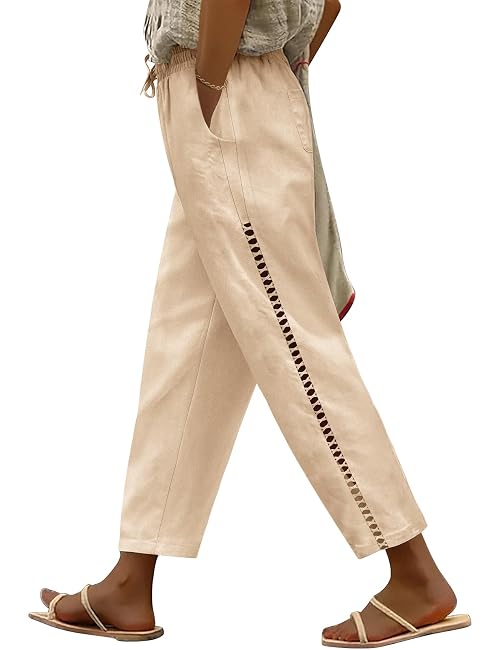 CMTOP Women's Linen Trousers Cropped Pants Loose Fit Elasticated Waist Casual Trousers with Pockets Beige S-XXL