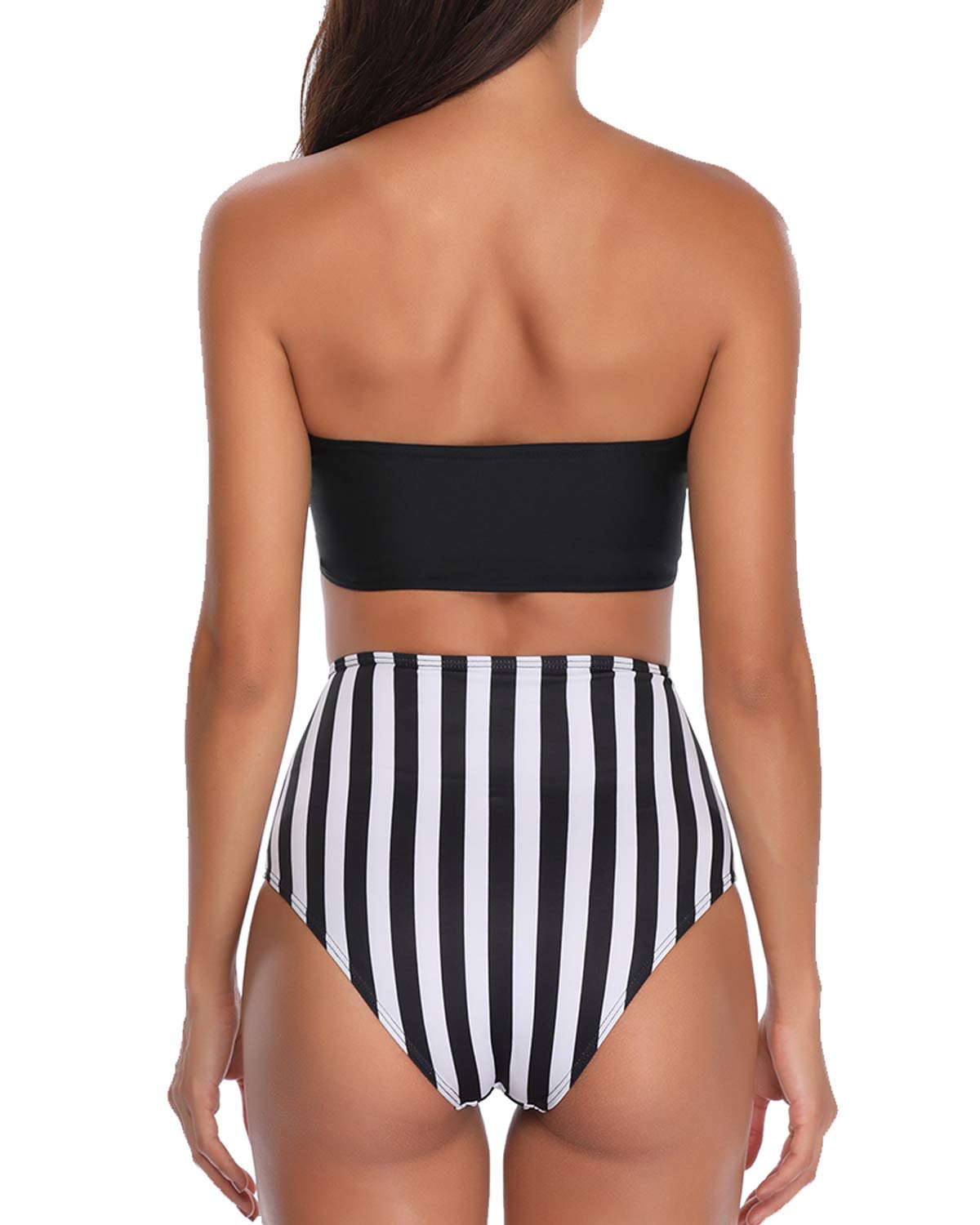 Temptme Apparel Women Bandueau Strapless High Waist Bikini Set Tie Knot Two Piece Swimsuit Swimwear Stripe Bathing Suit L