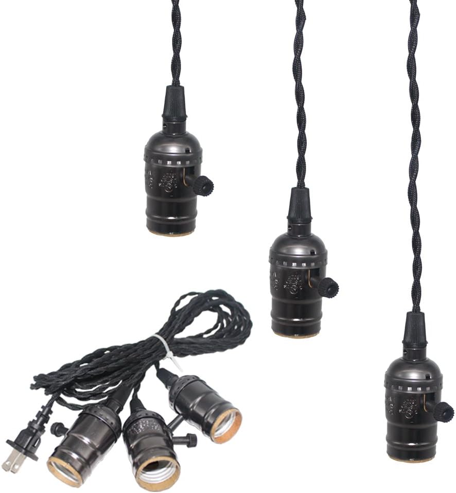 E26/ E27 Solid Industrial Triple Light Sockets, Sopoby Vintage Edison Hanging Textile Pendant