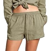 Amazhiyu Women's 100% Linen Plant-Dyed Casual Drawstring Shorts with Pockets
