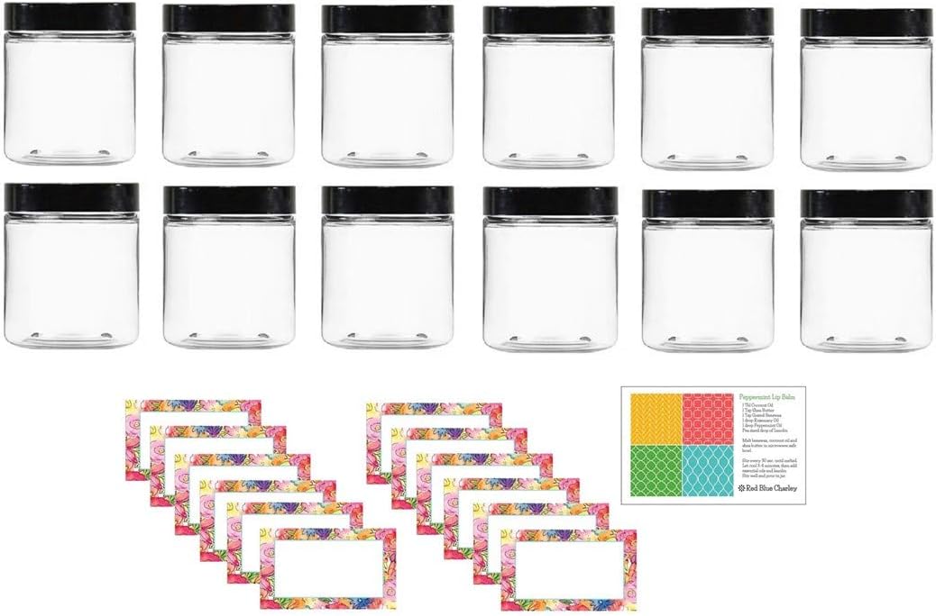 Clear 8 oz Plastic Jars with Black Lids | PET Round Refillable Containers (12 pk + Floral Labels)