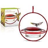 Mosaic Birds Hummingbird Feeder for Outdoors Hanging, 3.4 OZ Hummingbird Feeders, Glass Bowl with 4 Feeding Ports, Leak Proof Lid & Circular Perch, Bird Feeder (1, Red)
