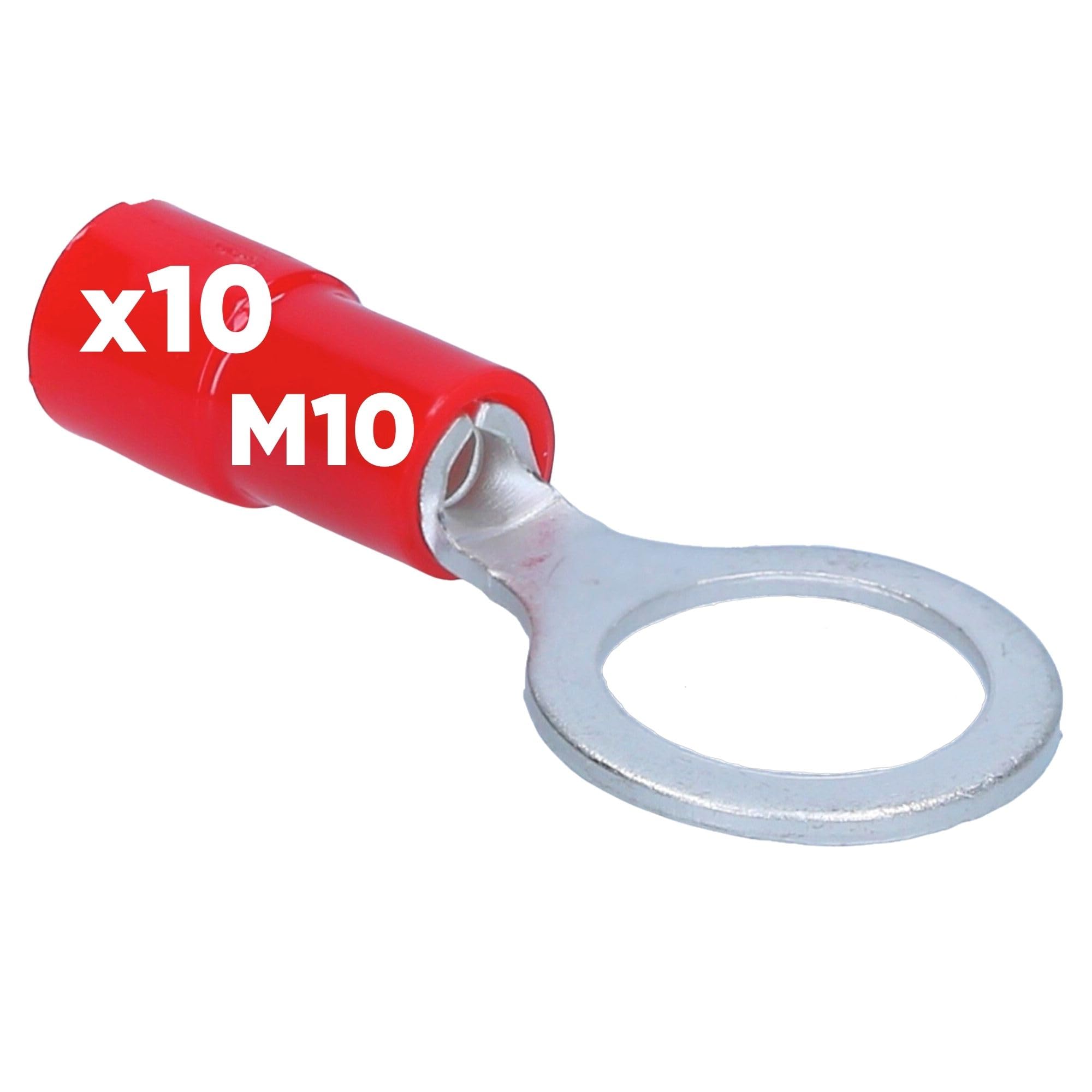 Pack of 10 Kalitec RKSRM10 Ring Cable Lug 0.5-1 mm² I Partially Insulated M10 Red I Copper I PVC Collar I for Connecting Cables or Strands I Cable Lug I Cable Connector I Protects Electrical