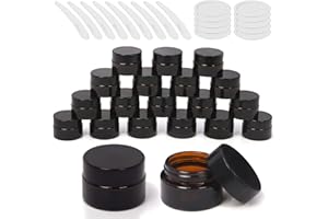 Wokape 20 Pack 0.5oz/ 15ml Amber Glass Jars with Liner Lids Spatulas, Round Travel Containers for Ointments Lotion Creams Sam