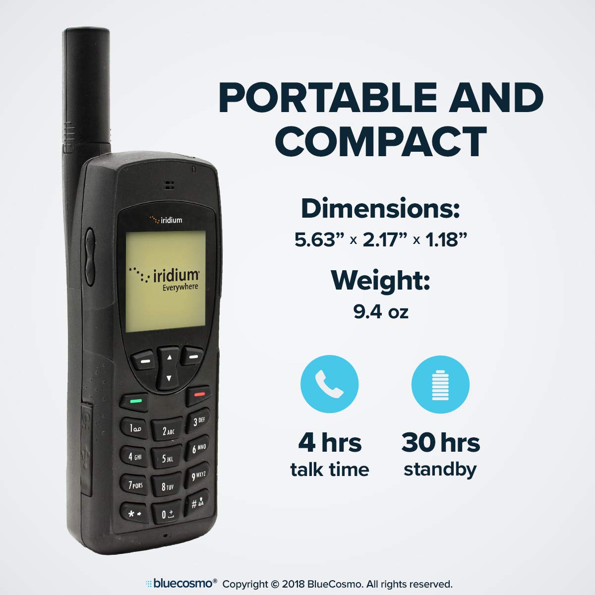 BlueCosmo Iridium 9555 Satellite Phone Bundle - Only Truly Global Satellite Phone - Voice, SMS Text Messaging - Prepaid SIM Card Included - Online Activation - 24/7