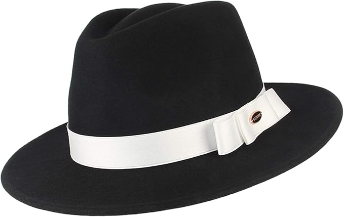 black trilby hat with white band
