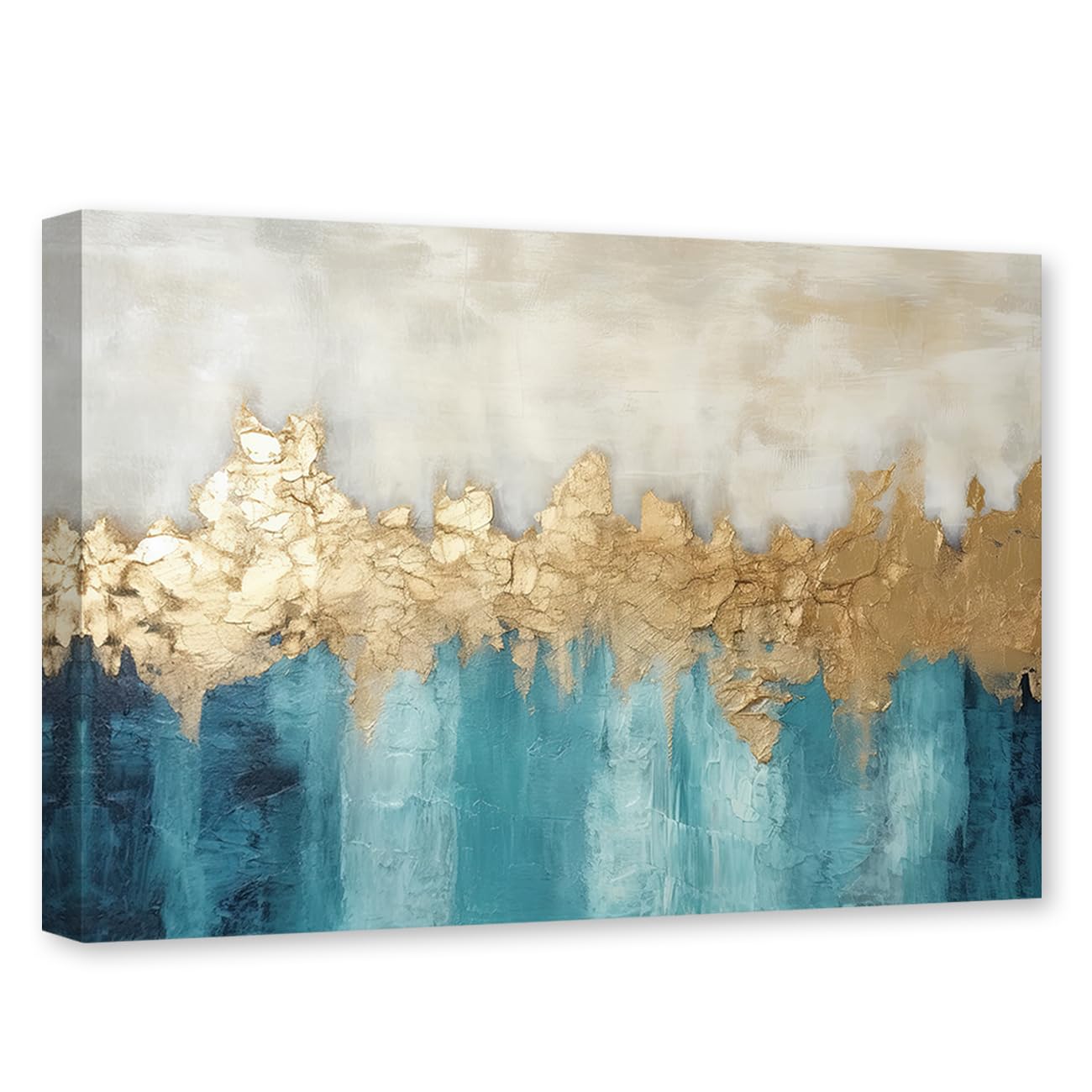 CCWACPP Abstract Canvas Wall Art Teal and Gold Wall Decor Paintings Golden Foil Artwork Picture Modern Living Room Decor Frame (Abstract - 1, 12x18inch (30x45cm))