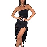Women's Sexy Strapless Off Shoulder Midi Dress Elegant Sleeveless Ruffles Tassel High Split Bodycon Tube Dress
