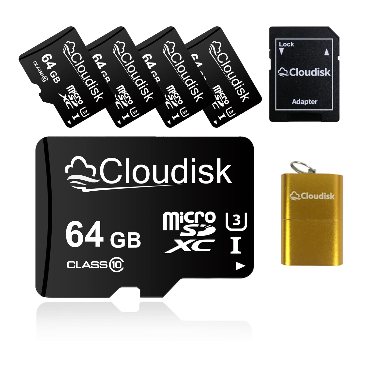 Cloudisk 5Pack 64GB MicroSD Card Micro SDXC Memory Card with Full Size Adapter and Card Reader, UHS-I, U3, Class10, Bulk Sale