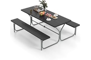 Tangkula 6 Ft Picnic Table, Outdoor Picnic Table with 2 Built-in Benches, Umbrella Hole, Metal Frame & HDPE Tabletop, 8-Perso