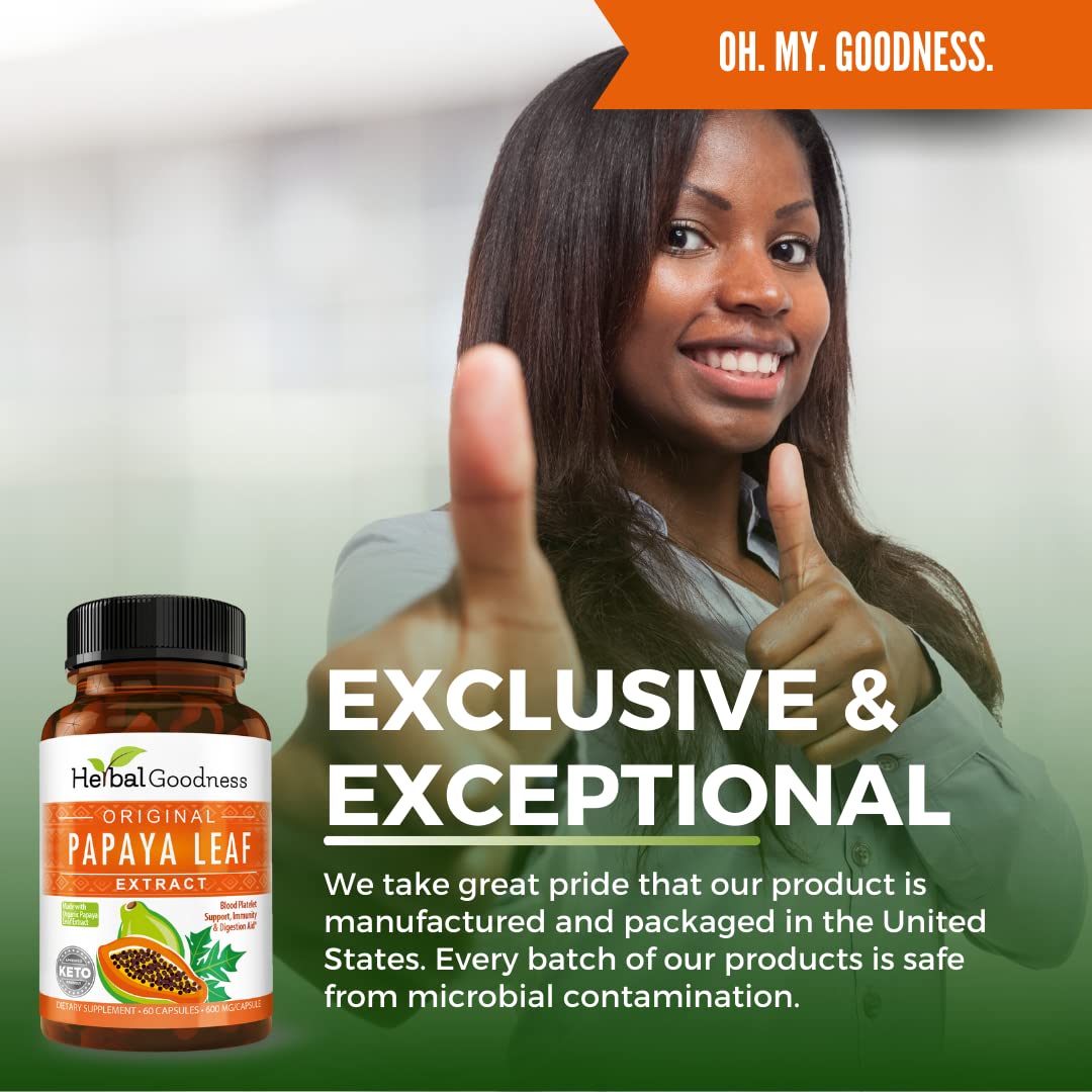 Papaya Leaf Extract Capsules 10X Strength - 60/600mg Veg Capsules- Blood Platelet, Bone Marrow & Spleen Support, Immune Gut & Super Digestive Health - Herbal Goodness (Pack of 6)