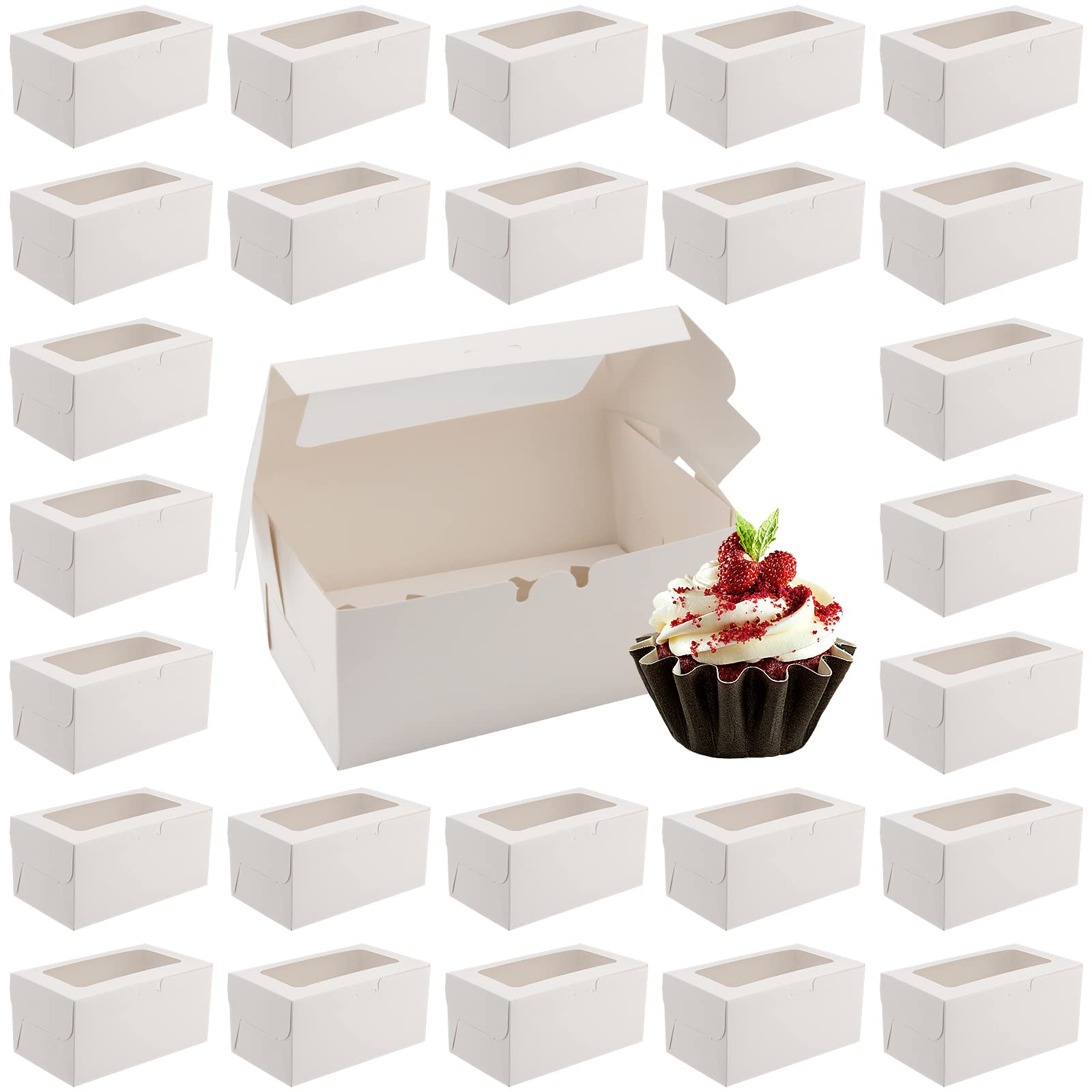 ZEONHEI 50 Pack 2 Hole Cupcake Boxes with Window, White Cardboard Cupcake Boxes, Cupcake Carrier Box Paper Bakery Boxes for Muffin and Cookies, 6.3 x 3.5 x 3 Inch
