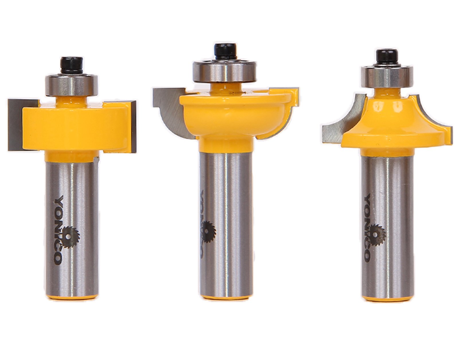 Yonico 12319 - 3 Bit Glass Door Router Bit Set, Round Over, Cove and Rabbet Bits for Glass Doors - 1/2" Shank