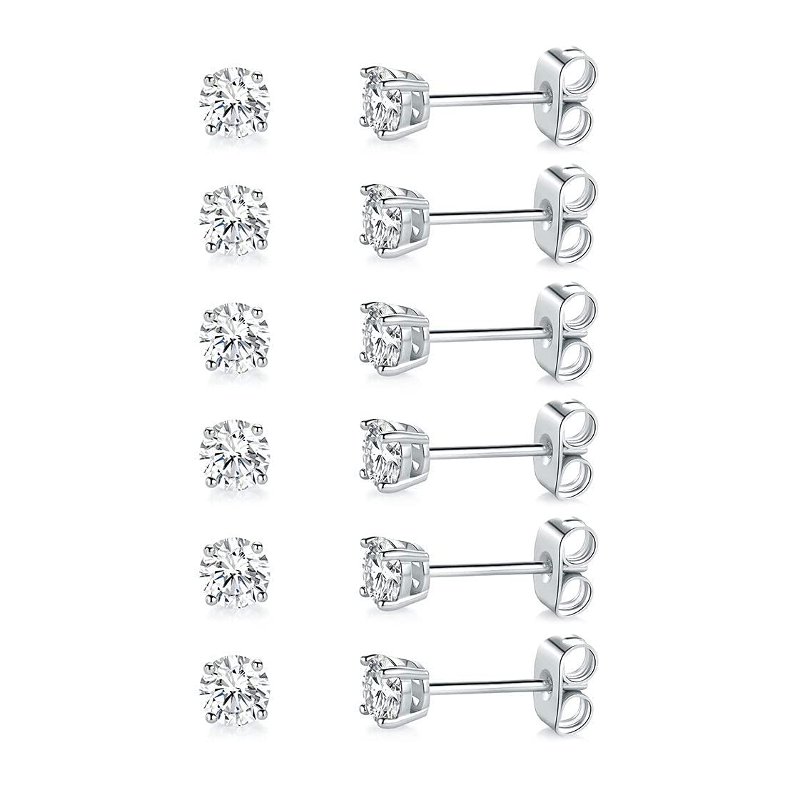 MDFUN Hypoallergenic CZ Stud Earrings Set for Women/Men,6 Pairs 18K Gold Plated Round 3-8mm Clear Cubic Zirconia Earring Pack Jewelry Gift