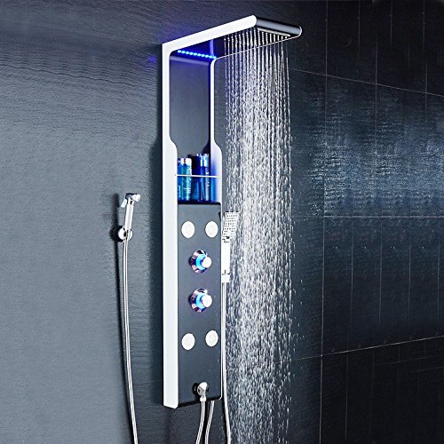 Bijjaladeva Wasserhahn Bad Wasserfall Mischbatterie Waschbecken LED-Beleuchtung mit Spritzpistole Duschpaneel Edelstahl Dusch
