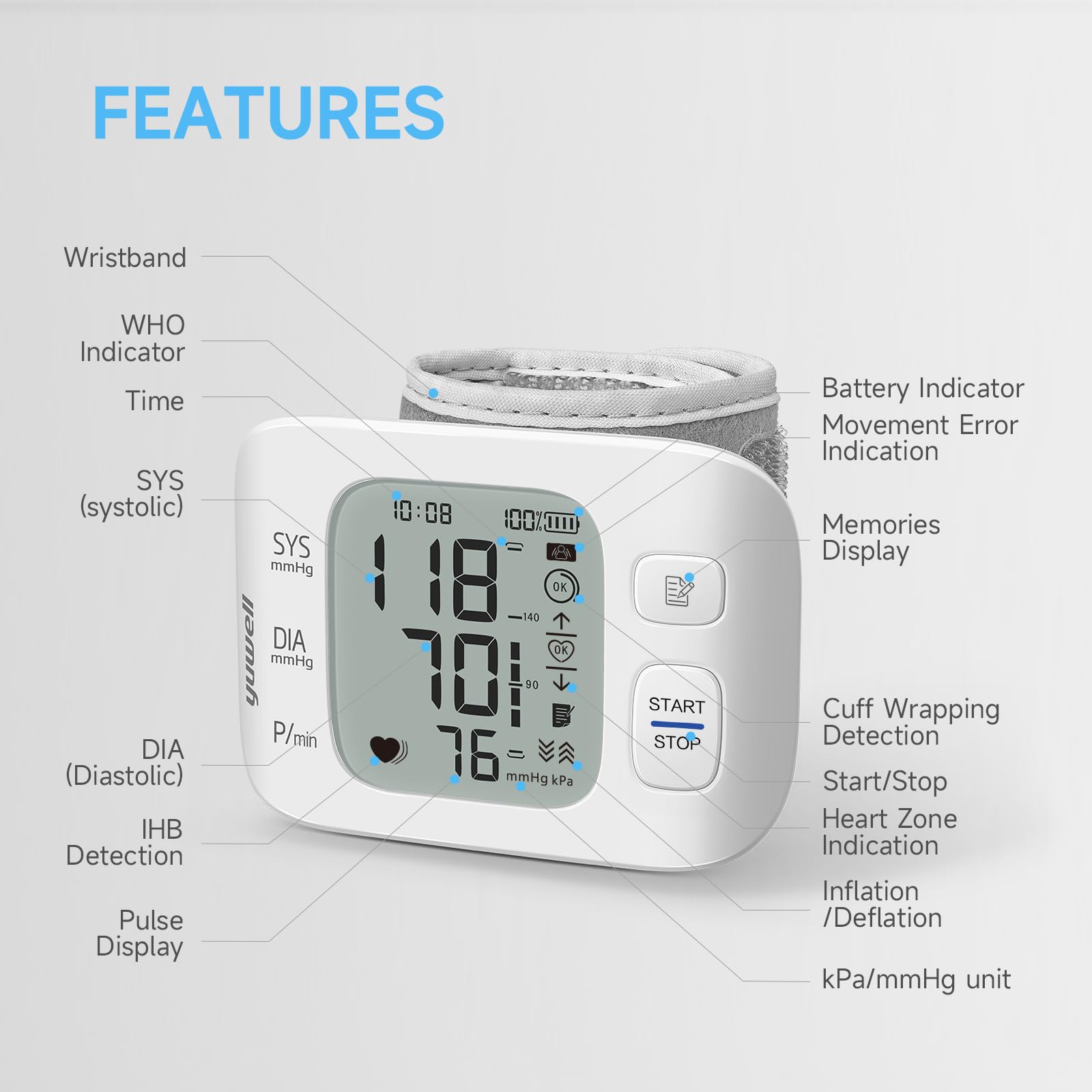 yuwell Wrist Blood Pressure Monitor | Clinical Accuracy, BP Machine for Home Use | Ultra Light Weight, Smart Inflation Blood Pressure Cuff, Large Display, 74 Readings, Rechargeable