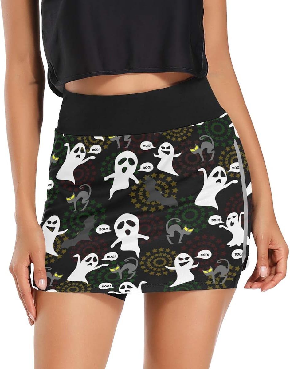 Golf Skorts Skirts for Women, Ghosts Cats and Bats On Firework Background Skort Athletic 
