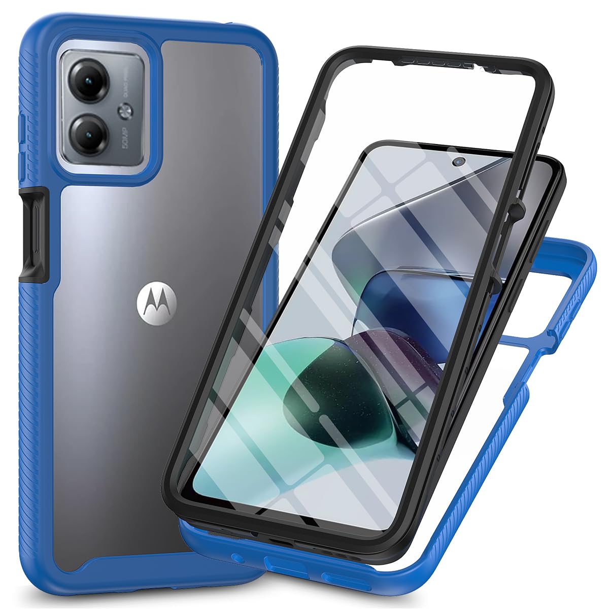 Dfjhure for Motorola Moto G14 Case Built-in Screen Protector Full Body Shockproof Protection Cover tylish Bumper Transparent Back Phone Case Cover- Blue โ image 1