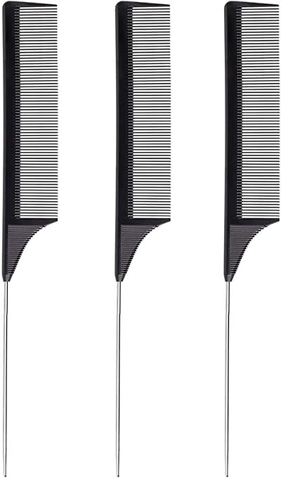 Jc.upin 3 Pcs Tails Comb Set Carbon Styling Rat Tail Hair Comb Black 23x2.8 cm