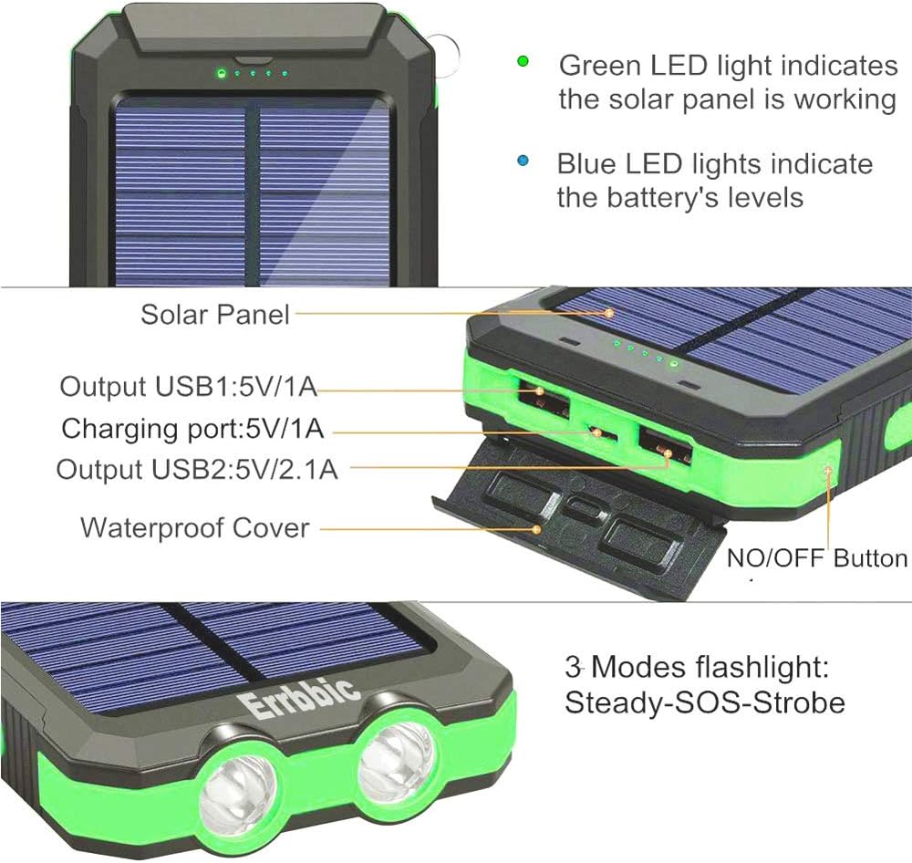 Solar Charger, 20000mAh Solar Power Bank Waterproof Portable Charger External Battery Packs with Dual 2 USB/LED Flashlights Port for iPhone Android Cellphones: Home Audio & Theater