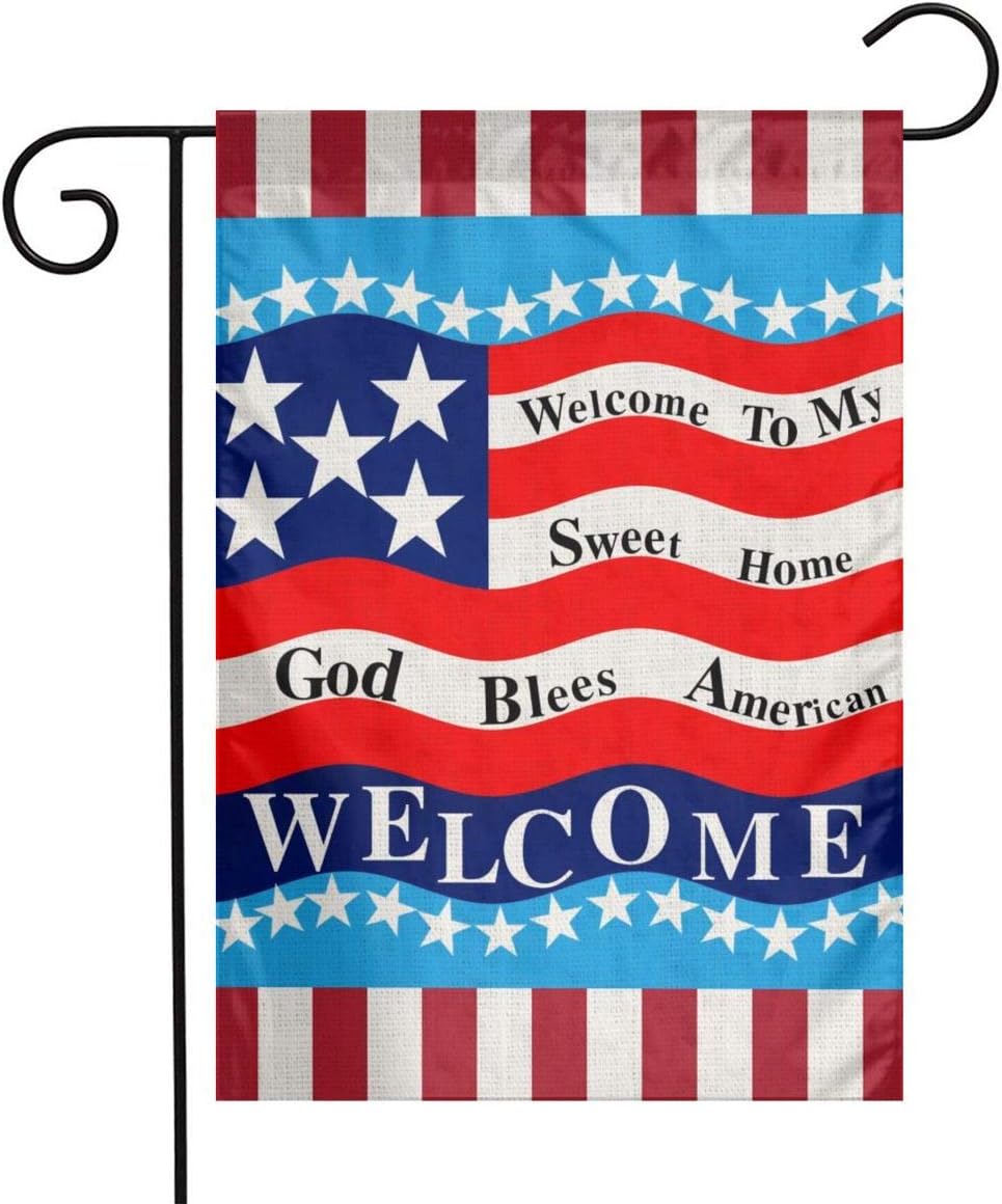God Bless American Welcome To My Sweet Home Wava Flag 13 Star Flax Nylon Burlap Linen Fabric Garden Flag Farmhouse Decorations Mailbox Decor Welcome Sign 12x18 Inch Small Mini Size Double Sided