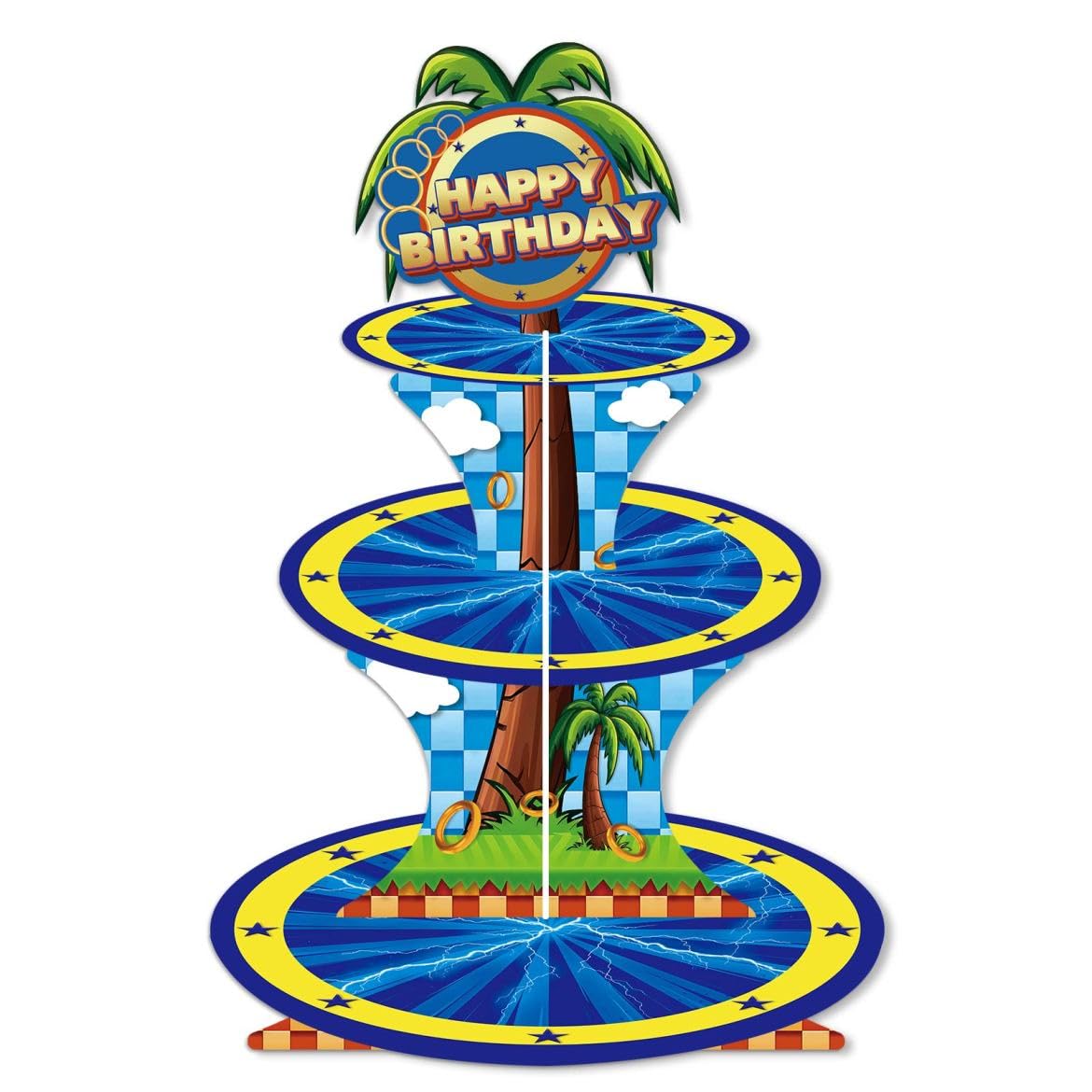 Photo 1 of Zliisang Blue Cupcake Stand Golden Rings Palm Birthday Party Decorations 3 Tiered Dessert Cake Table Displays Cartoon Theme Birthday Baby Shower Party Decorations