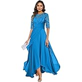 RYANTH Chiffon Lace Appliques Mother of The Bride Dresses for Women Half Sleeve Tea Length A Line Formal Evening Gowns