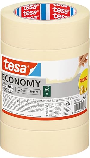 tesa Malerband ECONOMY - vielseitiges Malerkrepp für Malerarbeiten ohne Lösungsmittel - bis zu 4 Tage nach Gebrauch rückstandslos entfernbar, 5 Rollen Klebeband - 50 m x 30 mm