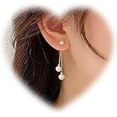 Crymystal Bohemian Pearl Ear Jacket Earrings Pearl Drop Earrings Tassel Pearl Earrings Pearl Bead Earrings Pearl Wedding Earrings Jewelry for Women and Teen Gifts
